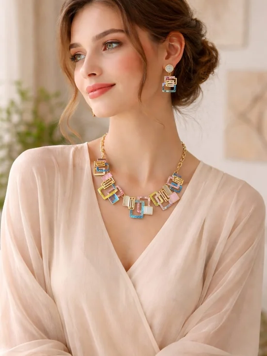 Multicolor Enamel Geometric Square Necklace and Earring Set - Gold-Tone - Picture 3 of 9